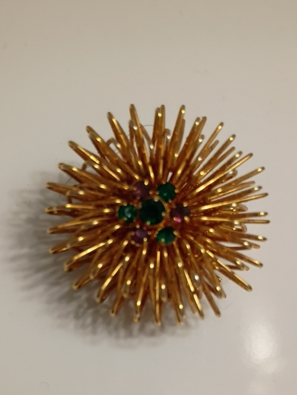 Mid Century Gold Tone Sunburst Starburst Dimensional Brooch  Rhinestone Center